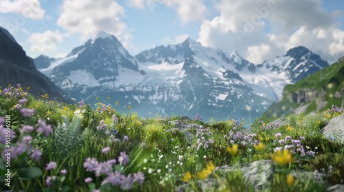 A beautiful mountain landscape with a field of flowers in the foreground