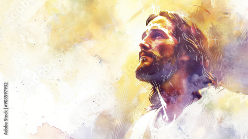 A watercolor painting of Jesus Christ, with a serene expression, ascending towards the heavens, white robes flowing gracefully, ethereal light surrounding him