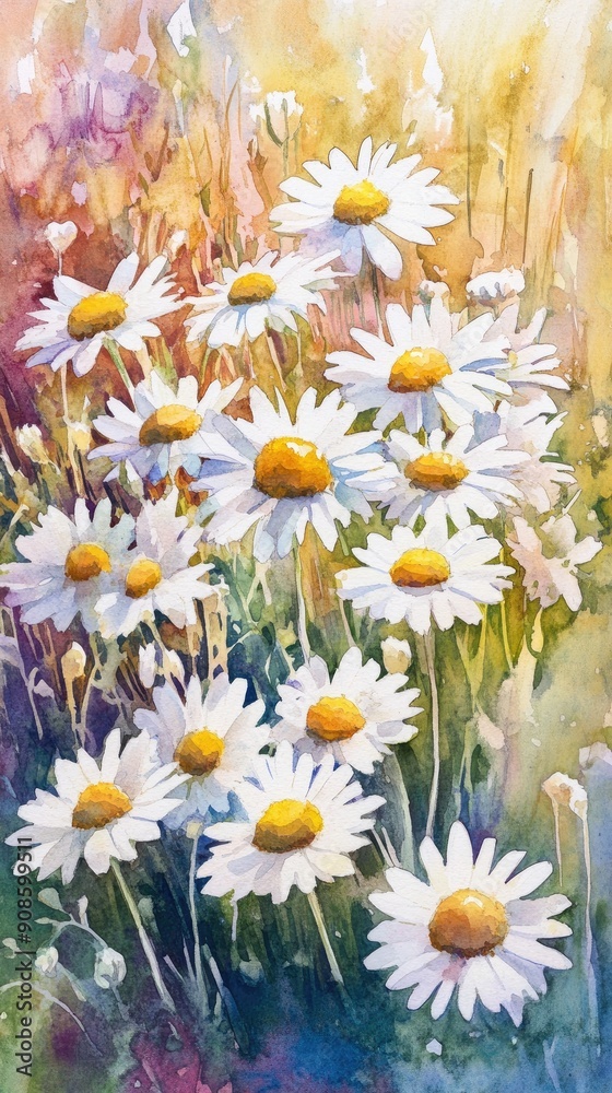 Fototapeta premium A vibrant watercolor painting of daisies in a colorful field, showcasing their delicate petals and sunny centers.