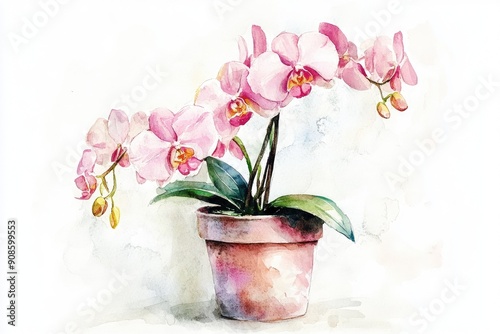 Beautiful watercolor illustration of a pink orchid in a terracotta pot, perfect for home decor and floral design projects.