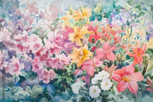 Wallpaper Mural Colorful watercolor painting of various blooming flowers in vibrant hues, showcasing nature's beauty and artistry. Torontodigital.ca