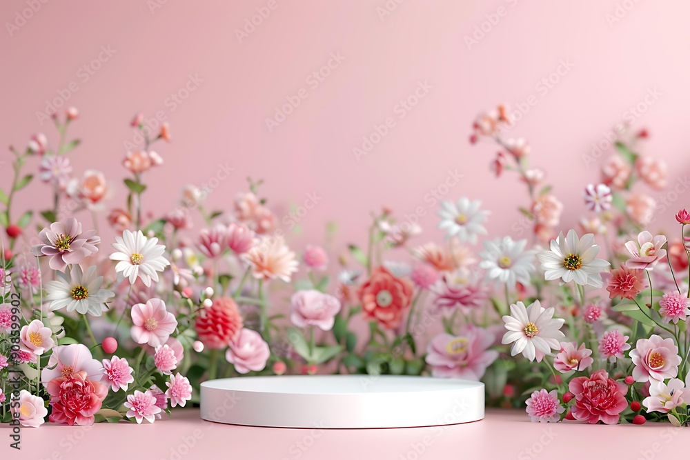 Blooming Beauty: A white podium amidst a vibrant field of pastel flowers, set against a soft pink backdrop. Perfect for showcasing beauty or spring products! Blooming Beauty: A white podium amidst a vibrant field of pastel flowers, set against a soft pink backdrop. Perfect for showcasing beauty or spring products!