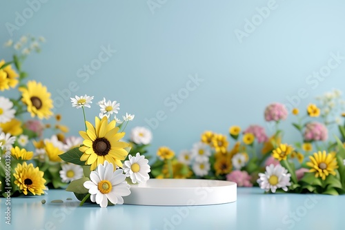 Floral Podium: A serene and elegant blue background is adorned with a white podium, surrounded by vibrant yellow sunflowers and white daisies. This image offers a captivating backdrop for product disp photo