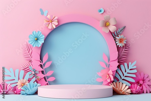 A 3D-rendered scene with pastel-colored podiums and fluffy clouds.