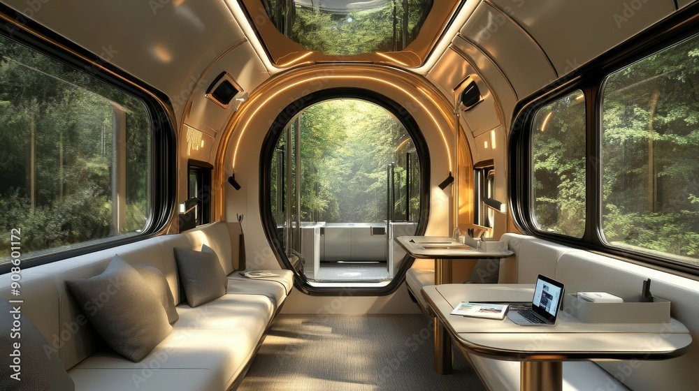 A train compartment designed for business travelers, with tables and charging stations A train compartment designed for business travelers, with tables and charging stations