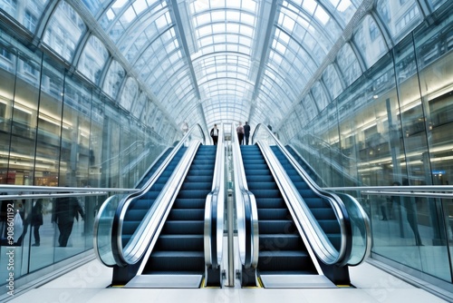 Dynamic perspective view of escalator in a glass top building.