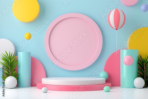 Pastel Paradise: A whimsical 3D rendering of a pastel-hued podium adorned with colorful spheres, a floating balloon, and a leafy green plant, providing a playful and vibrant backdrop for product displ photo