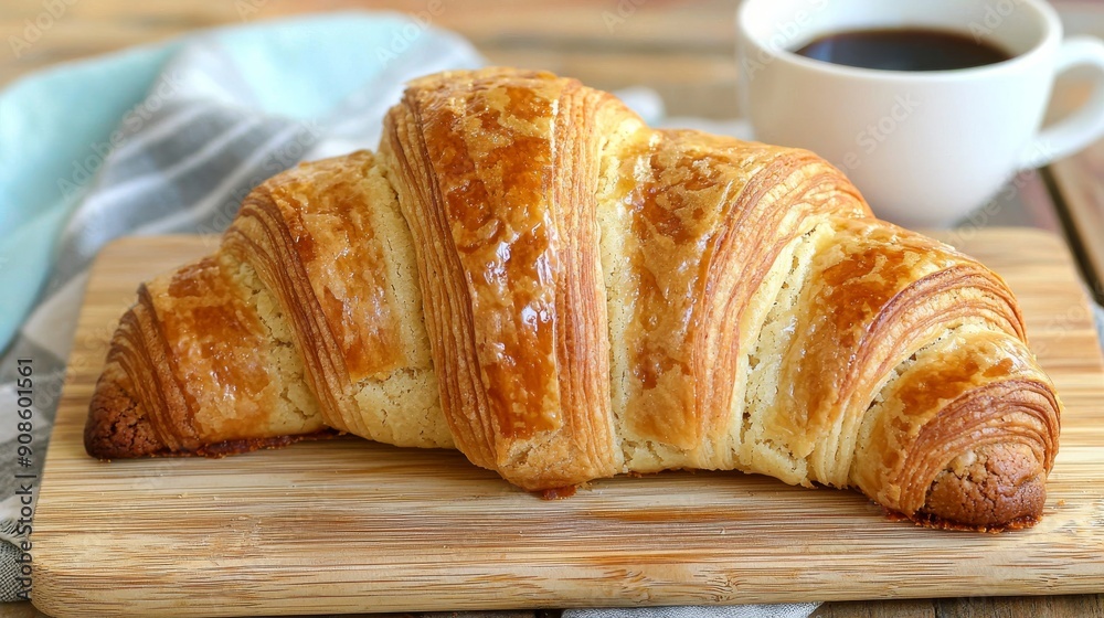 Freshly Baked Croissant with a Cup of Coffee on Wooden Board