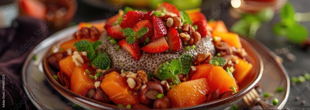 Vibrant fruit salad with strawberries, melon, chia seeds, and nuts, presented in an elegant dish, perfect for healthy eating.