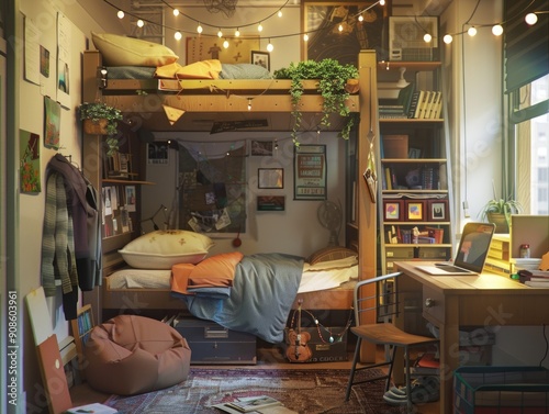 Small Dorm with Bunk Bed, string lights, and a makeshift lounge area
 photo