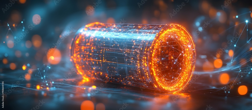 High-tech Visualization Of A Battery Encased In Digital Energy Fields 