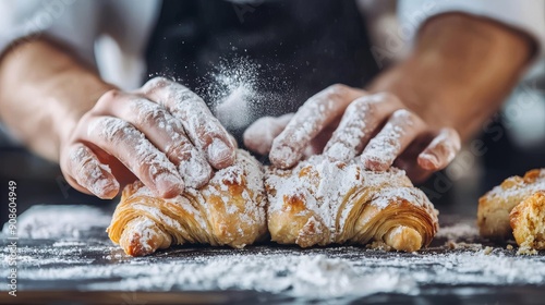 Fototapeta Naklejka Na Ścianę i Meble -  Pastry Chef Preparing Fresh Croissants with Flour in a Professional Kitchen