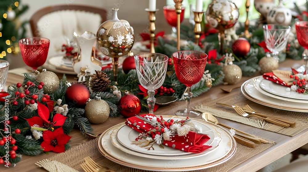 Festive Christmas Table Setting with Red and Gold Accents Festive Christmas Table Setting with Red and Gold Accents