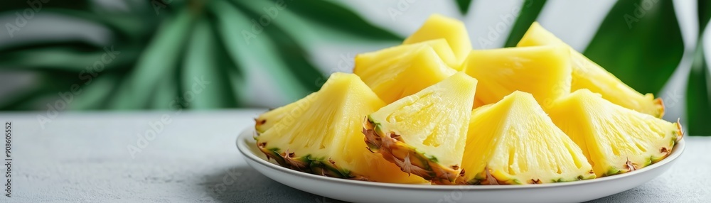 Fresh pineapple slices arranged on a plate, perfect for summer snacks or tropical recipes. Fresh pineapple slices arranged on a plate, perfect for summer snacks or tropical recipes.
