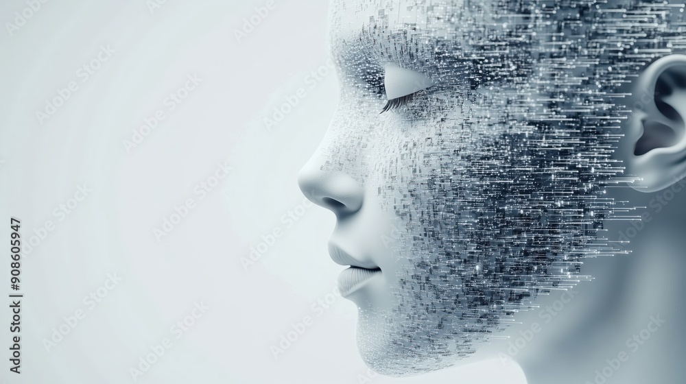 Futuristic portrait of a digital human with binary code patterns, representing technology, innovation, and artificial intelligence.