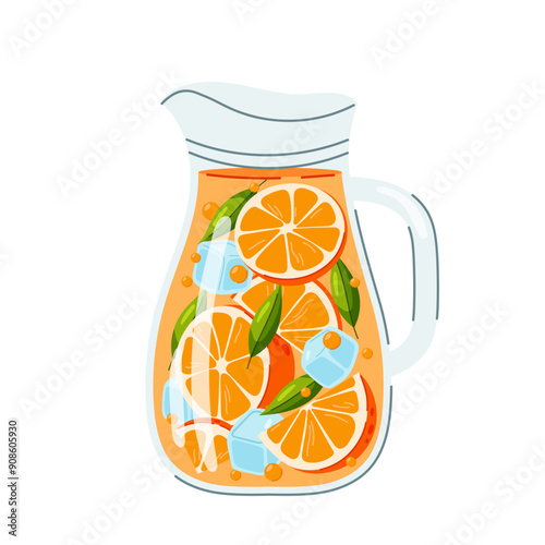 Orange lemonade. Cold summer drink. Lemonade with ice in flat style. Summer.