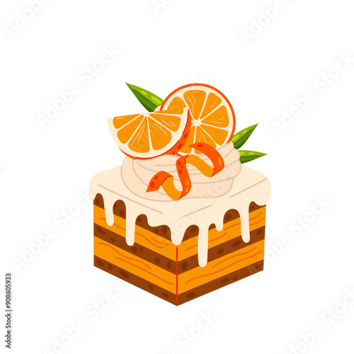 Cake with orange slices and zest in flat style. Orange dessert, orange pie. Sweet orange cake in flat style.
