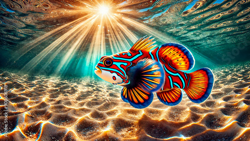 mandarinfish swimming in shallow, sunlit waters with light rays photo