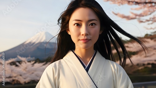 A 25-year-old Japanese woman in a white kimono touches her face on Mount Fuji and a cherry tree. photo