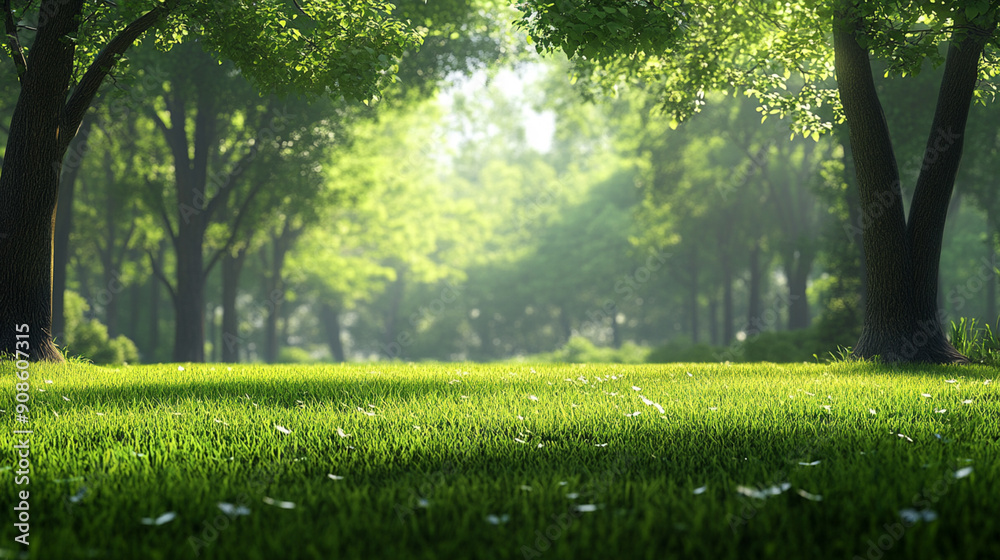 Green lawn and trees background with copyspace. Nature background concept. Generative AI Green lawn and trees background with copyspace. Nature background concept. Generative AI
