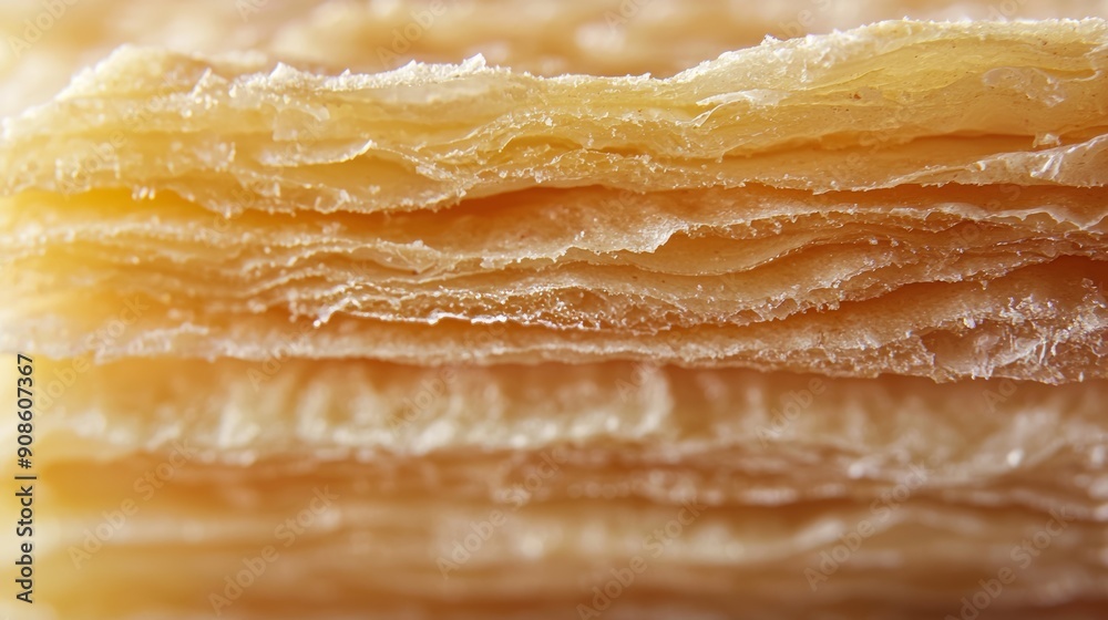 Macro Close-Up of Layered Puff Pastry Texture with Golden Crispy Layers