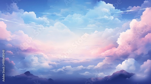 ethereal sky flat design top view, celestial atmosphere, water color, Complementary Color Scheme