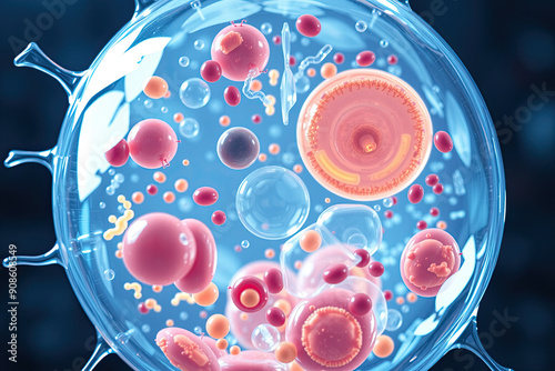 A computer-generated image of a microscopic world inside a human cell, with detailed organelles and molecular structures.