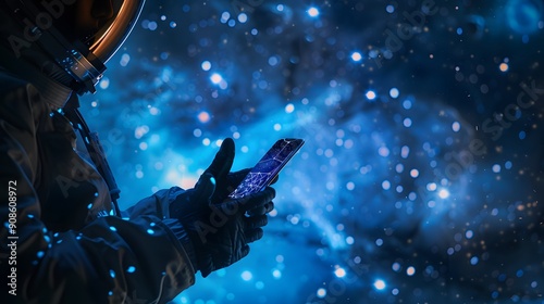 Astronaut using a smartphone in space