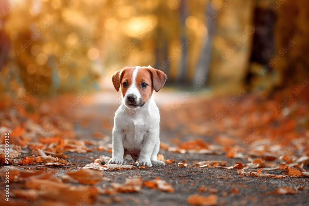 Small white Jack Russell puppy plays on a colorful autumn alley surrounded by vibrant fall foliage. Golden leaves crunch beneath the dog paws as it explores its surroundings. Small white Jack Russell puppy plays on a colorful autumn alley surrounded by vibrant fall foliage. Golden leaves crunch beneath the dog paws as it explores its surroundings.
