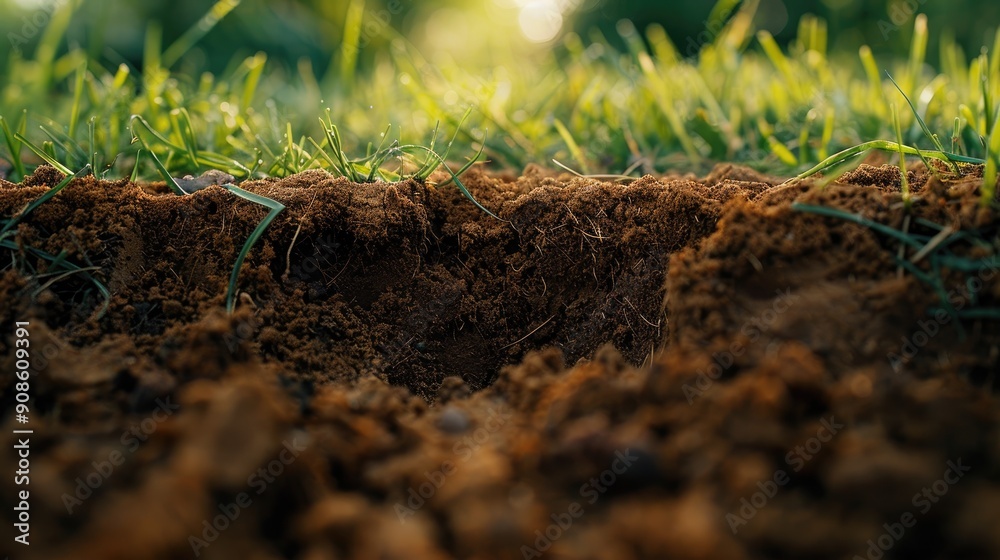 Fototapeta premium A close up of a dirt field with a hole in the middle. The dirt is brown and the grass is green