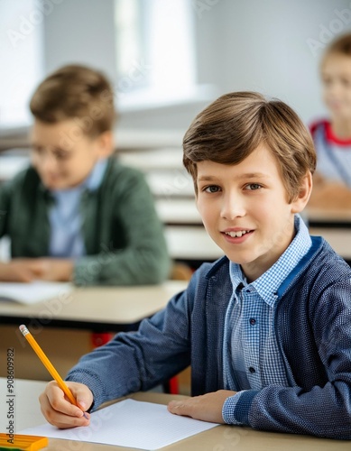 Lächelnder Schüler, der während des Unterrichts einen Test in der Klasse schreibt. photo