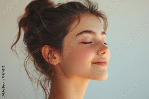 A close up of a girl's face with her eyes closed