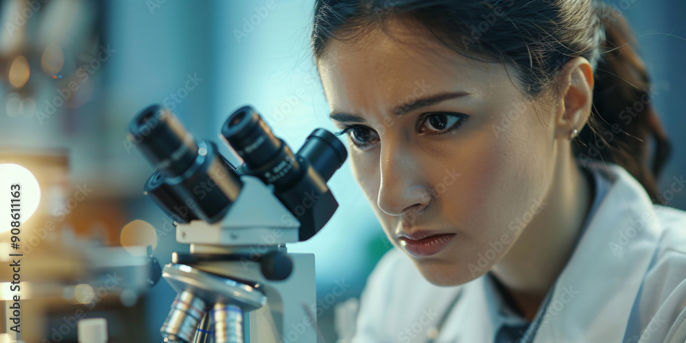 A scientist in a laboratory carefully examines a sample through a microscope, demonstrating her dedication to scientific research. A scientist in a laboratory carefully examines a sample through a microscope, demonstrating her dedication to scientific research.