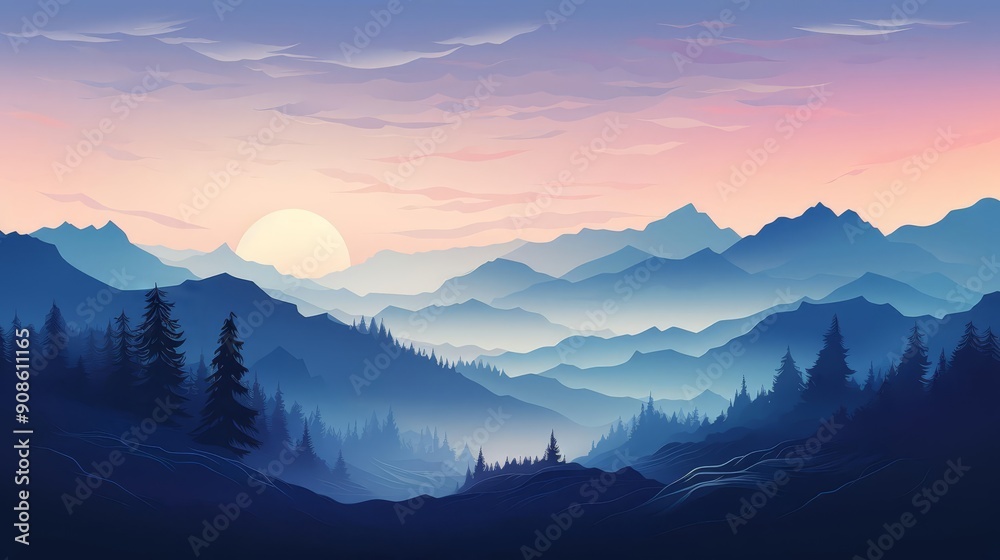 misty mountain flat design side view, shrouded peaks, animation, Splitcomplementary color scheme misty mountain flat design side view, shrouded peaks, animation, Splitcomplementary color scheme
