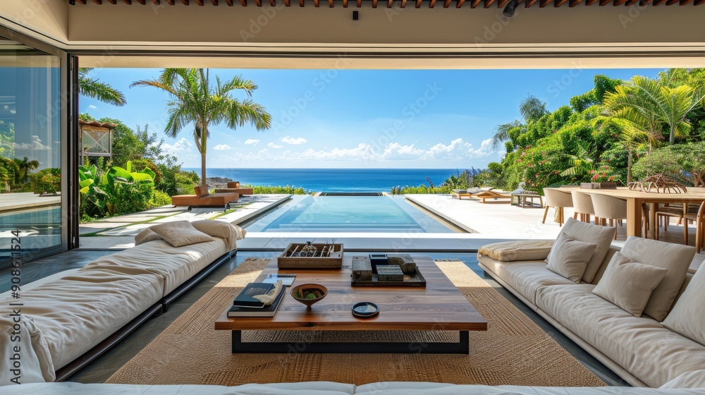 Fototapeta premium A large open living room with a pool and ocean view. The room is filled with white furniture and a large table