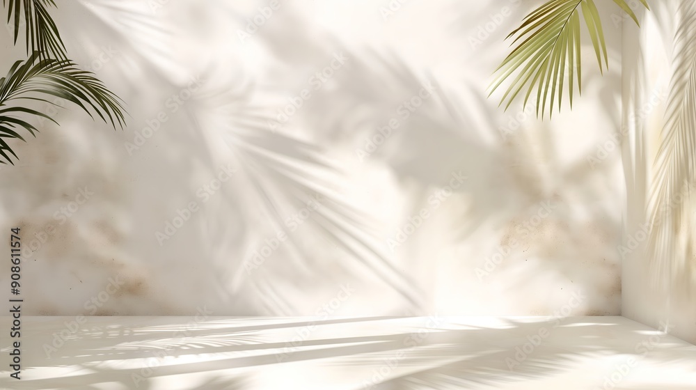 Warm tone minimalist style Green plant palm leaf tropical style empty mirror background Warm tone minimalist style Green plant palm leaf tropical style empty mirror background
