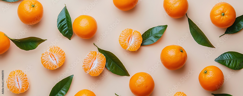 A minimalist arrangement of fresh tangerines with vibrant green leaves on a neutral background A minimalist arrangement of fresh tangerines with vibrant green leaves on a neutral background