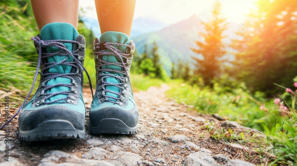 Close-Up of Hiking Boots on Mountain Path with Sunlit Greenery Close-Up of Hiking Boots on Mountain Path with Sunlit Greenery