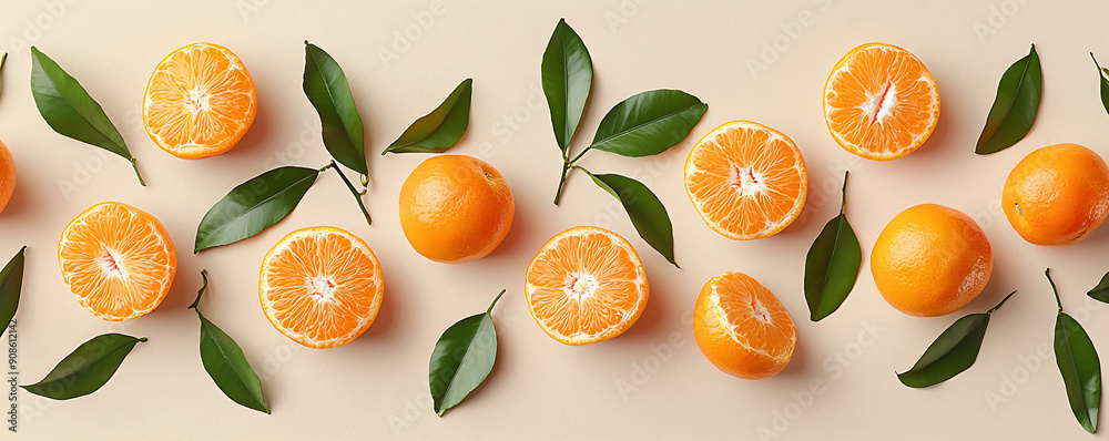 A minimalist arrangement of fresh tangerines with vibrant green leaves on a neutral background A minimalist arrangement of fresh tangerines with vibrant green leaves on a neutral background