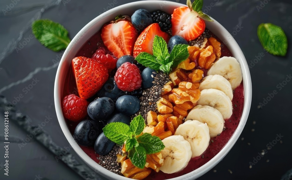 Vibrant fruit bowl filled with berries, banana, nuts, and mint leaves on a dark slate surface, perfect for a healthy lifestyle. Vibrant fruit bowl filled with berries, banana, nuts, and mint leaves on a dark slate surface, perfect for a healthy lifestyle.