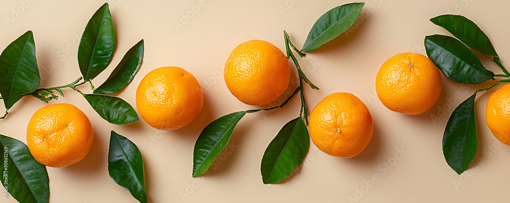 A minimalist arrangement of fresh tangerines with vibrant green leaves on a neutral background A minimalist arrangement of fresh tangerines with vibrant green leaves on a neutral background