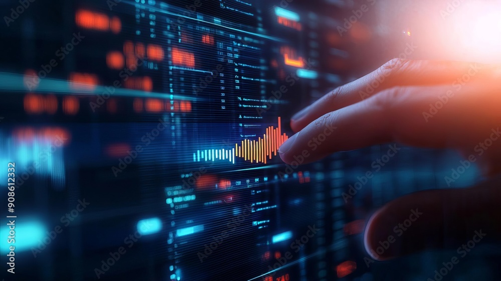 A close-up view of a finger interacting with digital data on a futuristic screen, symbolizing technology and modernization. A close-up view of a finger interacting with digital data on a futuristic screen, symbolizing technology and modernization.