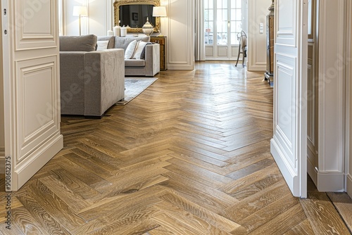 A hallway with a white door and a brown floor. The floor is made of wood and has a checkered pattern