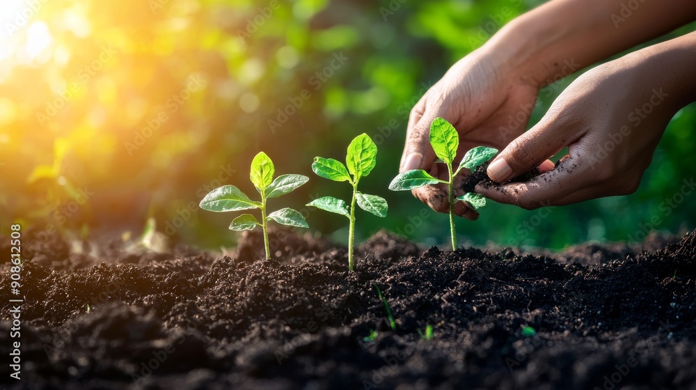 Hands Nurturing Young Plants in Sunlit Garden. Growth, Nature, and Sustainability Concept