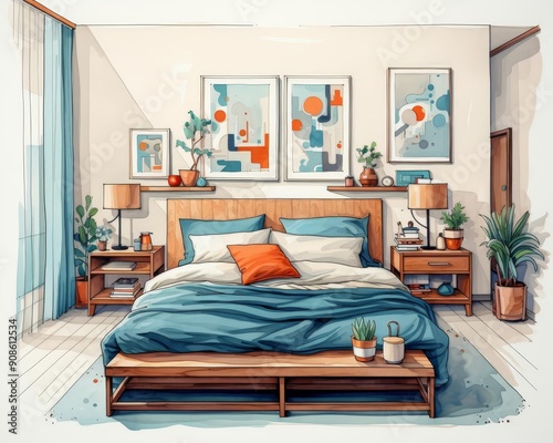 neat bedroom flat design top view, orderly decor, water color, Splitcomplementary color scheme