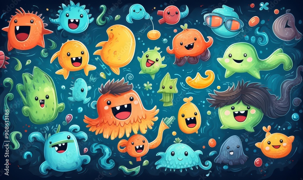 playful characters flat design top view, fun expressions, water color, Complementary Color Scheme playful characters flat design top view, fun expressions, water color, Complementary Color Scheme