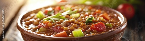 Delicious bowl of lentil soup featuring fresh vegetables, perfect for a healthy meal on a cozy day.