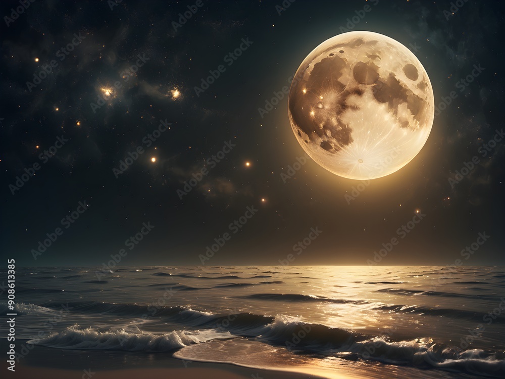 A serene scene unfolds as a full moon illuminates the night sky over the vast ocean. The moon''s soft glow reflects off the gentle waves below, creating a mesmerizing sight A serene scene unfolds as a full moon illuminates the night sky over the vast ocean. The moon''s soft glow reflects off the gentle waves below, creating a mesmerizing sight