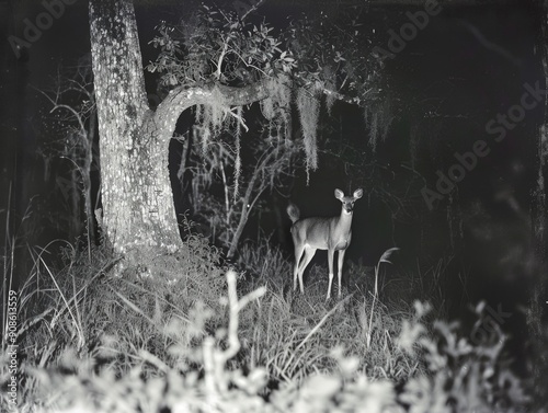 Night Vision Deer in Forest, Eerie Infrared Photography, Grainy Wilderness Scene
 photo