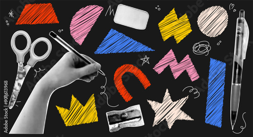 Group of abstract shapes in naive style with cutout paper collage halftone hand, pen, sharpener, scissors and rubber eraser on black background.